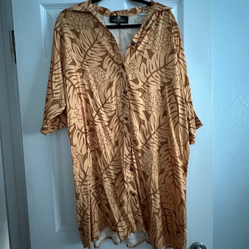 Tan Botanical Print Midi Shirt Dress